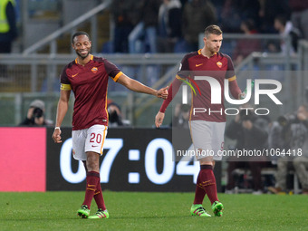 Seydou Keita celebrates after scoring a goal 2-0 with Edin Dzeko during the Italian Serie A football match A.S. Roma vs U.S. Palermo at the...