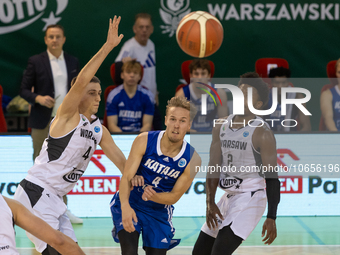 Marcin Wielunski , Tuomas Hirvonen , P.J. Pipes  during FIBA Europe Cup, Legia Warsaw vs Kataja Basket, in Warsaw, Poland on October 18, 202...