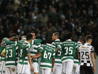 Sporting's forward Bryan Ruiz (L) celebrates his goal with his teammates  during the Portuguese League  football match between Sporting CP a...