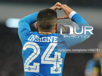 Lorenzo Insigne of SSC Napoli celebrates after scoring during the italian Serie A football match between SSC Napoli and AC Milan at San Paol...