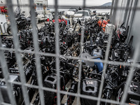 Motors of boats in Mytilene, island of Lesbos, Greece, on February 24, 2016. More than 110,000 migrants and refugees have crossed the Medite...