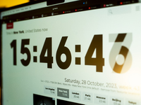 The time is seen for New York City on the atomic clock website on 28 October, 2023 in Warsaw, Poland. (