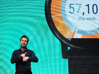 A congressman showing the Motorola Moto 360, during the last  day of Mobile World Congress in Barcelona, 24th of February, 2016. (