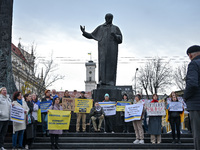LVIV, UKRAINE - NOVEMBER 3, 2023 - Demonstrators protest at the Taras Shevchenko monument to call for the cutting of non-critical budget spe...