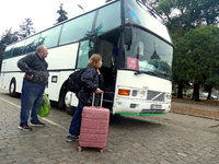 ODESA, UKRAINE - NOVEMBER 06, 2023 - An evacuation bus to Poland for women and children, Odesa, southern UkraineNO USE RUSSIA. NO USE BELARU...