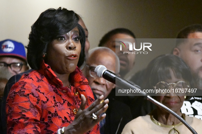 Cherelle Parker is joined on stage by supporters and local political leaders for a victory speech at the Election Night headquarters in Phil...