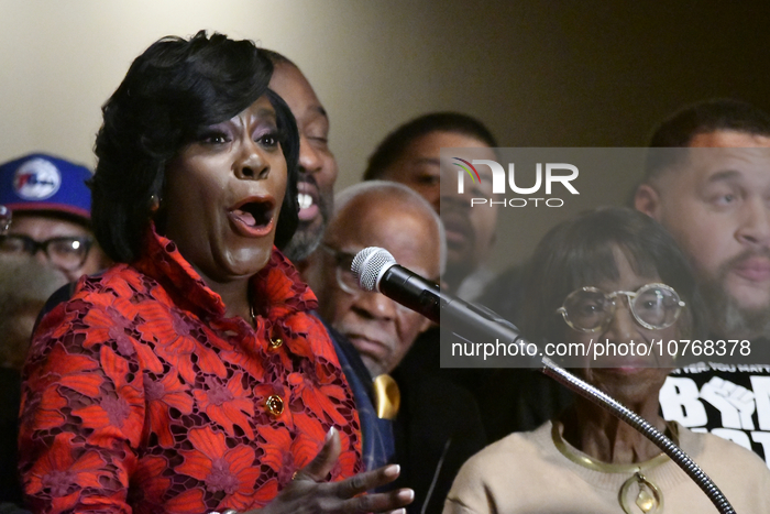 Cherelle Parker, sided by former councilmember Marian Tasco, is joined on stage by supporters and local political leaders for a victory spee...