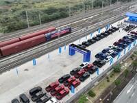 The site of the first JSQ commercial vehicle launch of the first China-Europe freight train, November 14, 2023, Chongqing, China. (