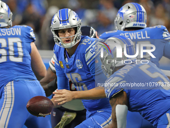 Detroit Lions quarterback Jared Goff (16) looks to pass during the first half of an NFL football game between the Chicago Bears and the Detr...