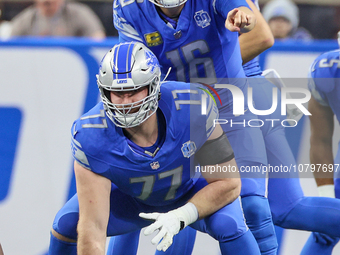 Detroit Lions quarterback Jared Goff (16) calls a play as Detroit Lions center Frank Ragnow (77) prepares to snap the ball during  an NFL  f...