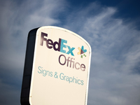 FedEx Office logo is seen in Los Angeles, United States on November 13, 2023. (