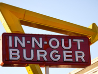 In-n-out Burger logo is seen near the restaurant in Los Angeles, United States on November 13, 2023. (