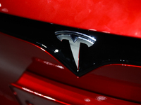 Tesla logo is seen on a car at the showroom in Santa Monica, United States on November 12, 2023. (