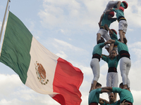 The Castellers de Vilafranca from Catalonia are performing in the Zocalo of Mexico City, presenting the creation of human towers, a unique c...