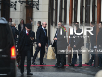 The President of the European Council, Charles Michel, is leaving the Prime Minister's Office in Budapest after meeting with the Prime Minis...
