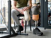 A serviceman named Andrii is having his prosthetic leg fitted at the Prosthetics and Rehabilitation Centre in Zaporizhzhia, southeastern Ukr...