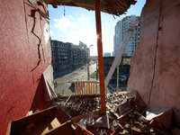 A room is being pictured destroyed inside a building that is currently being damaged by Russian shelling in Kharkiv, northeastern Ukraine, o...