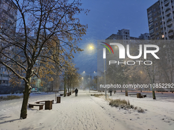 A snowy street is seen in Kyiv, the capital of Ukraine, on December 14, 2023. (