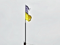 A weather-beaten Ukrainian flag is seen in Odesa, Ukraine, on December 14, 2023, following a Russian overnight attack. During the night of D...