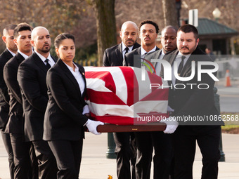 The casket of retired Associate Justice Sandra Day O’Connor, the first woman to serve on the Supreme Court, arrives at the Court to lie in r...