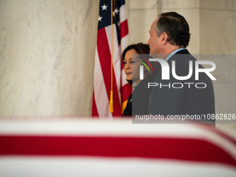Vice President Kamala Harris and Second Gentleman Doug Emhoff pay their respects to retired Associate Justice Sandra Day O’Connor, the first...