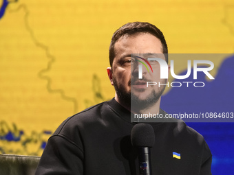 President Volodymyr Zelenskiy of Ukraine is answering questions from journalists during a large summary press conference in Kyiv, Ukraine, o...