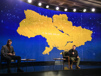 President Volodymyr Zelenskiy of Ukraine is answering questions from journalists during a large summary press conference in Kyiv, Ukraine, o...