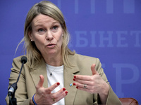 Karolina Lindholm Billing, the UNHCR Representative in Ukraine, is speaking during a joint briefing with Iryna Vereshchuk, the Vice Prime Mi...