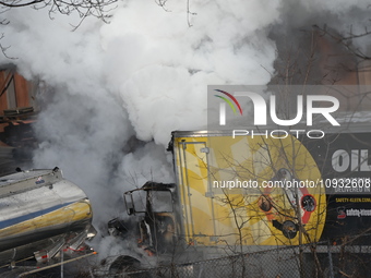 A box truck is catching fire at a warehouse on Marshall Street in Paterson, New Jersey, United States, on January 22, 2024. Authorities are...