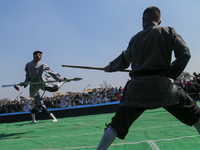 Nepali students are performing Kung-Fu in Kathmandu, Nepal, on the occasion of Chinese New Year, with a cultural fair at Tundikhel on Februa...