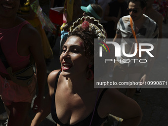 Revelers are having fun at the street carnival in Sao Paulo, Brazil, on February 12, 2024, the third day of the festival. (