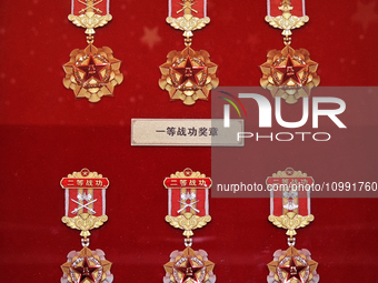 The First and Second Class War Merit Medals are on display at the Military Museum of the Chinese People's Revolution in Beijing, China, on F...