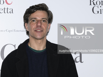 Domenico Diele is attending the photocall for the movie ''Giulietta e Romeo'' at the Hotel Visconti in Rome, Italy, on February 13, 2024. (