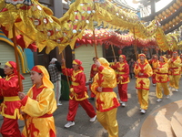 Inheritors of intangible culture and folk artists are performing a dragon dance to celebrate the Chinese Lunar New Year in Luzhou, Sichuan P...
