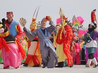 Folk artists are performing Yangko at a folk art exhibition in Yantai, China, on February 23, 2024. (