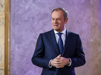 Polish Prime Minister, Donald Tusk arrives to greet the Prime Minister of Belgium, Alexander De Croo and the President of European Commissio...