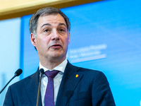 Belgian Prime Minister Alexander De Croo is speaking during a press conference after his meeting with Polish Prime Minister Donald Tusk and...