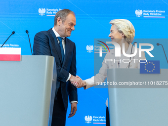 European Commission President Ursula von der Leyen and Polish Prime Minister Donald Tusk are holding a press conference in Warsaw, Poland, o...