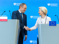 European Commission President Ursula von der Leyen and Polish Prime Minister Donald Tusk are holding a press conference in Warsaw, Poland, o...