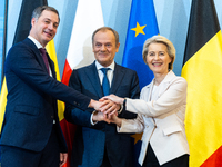 Prime Minister of Poland Donald Tusk, President of the European Commission Ursula von der Leyen, and Belgian Prime Minister Alexander De Cro...
