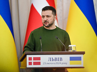 President Volodymyr Zelenskyy is participating in a joint press conference with Prime Minister of Denmark Mette Frederiksen in Lviv, Ukraine...