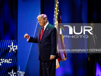 Donald Trump, ex-President and current presidential candidate, stands on stage at the annual Conservative Political Action Conference (CPAC)...