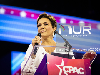 Former Arizona gubernatorial candidate Kari Lake (R) speaks at the annual Conservative Political Action Conference (CPAC) in National Harbor...
