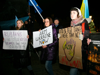 People are organizing a solidarity protest with Ukraine in the Main Square in Krakow, Poland, on February 24, 2024, to mark the second anniv...