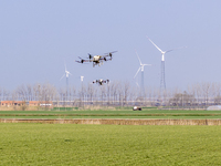 Agricultural technicians are operating two plant protection drones to fertilize a wheat field in Tianganghu Township, Suqian City, Jiangsu P...