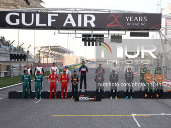 Drivers pose for a photo ahead of the Formula 1 Bahrain Grand Prix at Sakhir Circuit in Sakhir, Bahrain on March 2, 2024. (