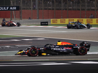 Max Verstappen of Red Bull Racing, George Russell of Mercedes and Charles Leclerc of Ferrari during the Formula 1 Bahrain Grand Prix at Sakh...