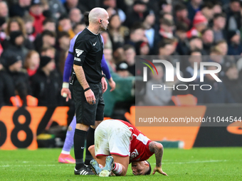 Nicolas Dominguez of Nottingham Forest is suffering an injury during the Premier League match between Nottingham Forest and Liverpool at the...