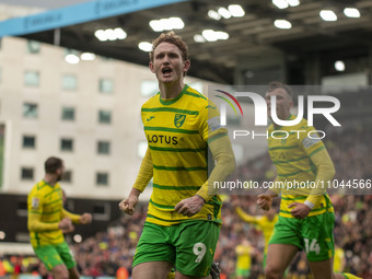 Josh Sargent is celebrating after scoring to make it 1-0 during the Sky Bet Championship match between Norwich City and Sunderland at Carrow...