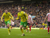 Josh Sargent of Norwich City is celebrating after scoring to make it 1-0, alongside Sydney van Hooijdonk of Norwich City, during the Sky Bet...